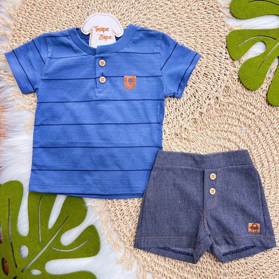 Conj. Camiseta Baby Summer Resort e Bermuda - Azul